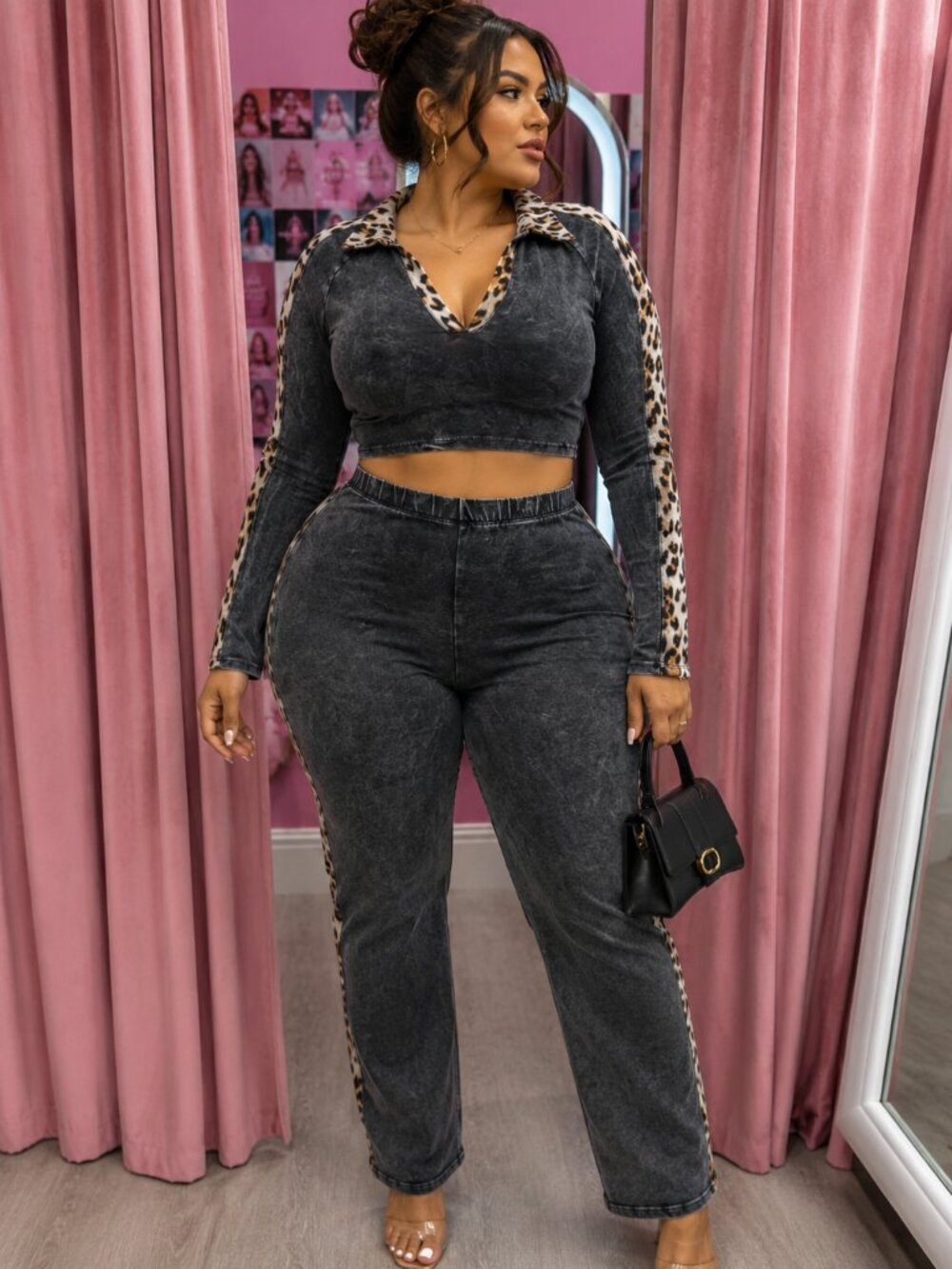 Maya Leopard Detail Curvy Plus Size Mineral washed Crop Top & Pants